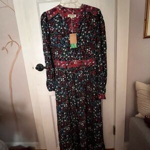 Zoe trim- Boden Black Floral Long Sleeve Maxi Dress with Red & Blue Accents